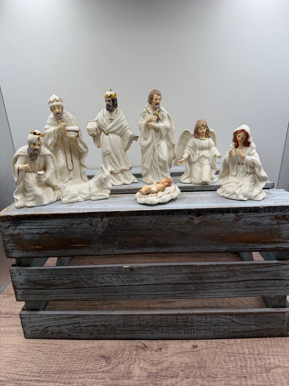 Vintage Porcelain Nativity Set -9 Piece - White Gold Trim - Christmas Figurines